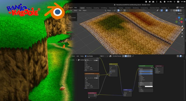 How to make a Banjo Kazooie (N64) style terrain material in Blender (blended textures with vertex colors)
